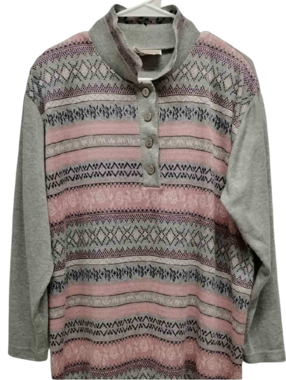 Vintage 1980s Season Ticket Gray/Rose Pattern Button Up Sweater